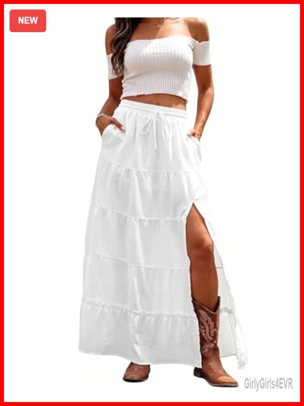 Women Boho Tiered Maxi Skirt High Slit Flowy A-Line Pockets